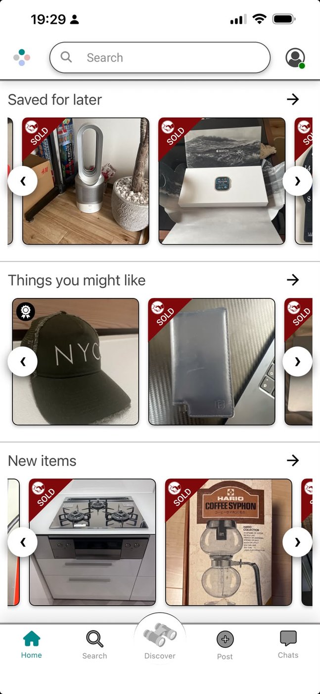 Dozo marketplace app showing local listings in multiple languages
